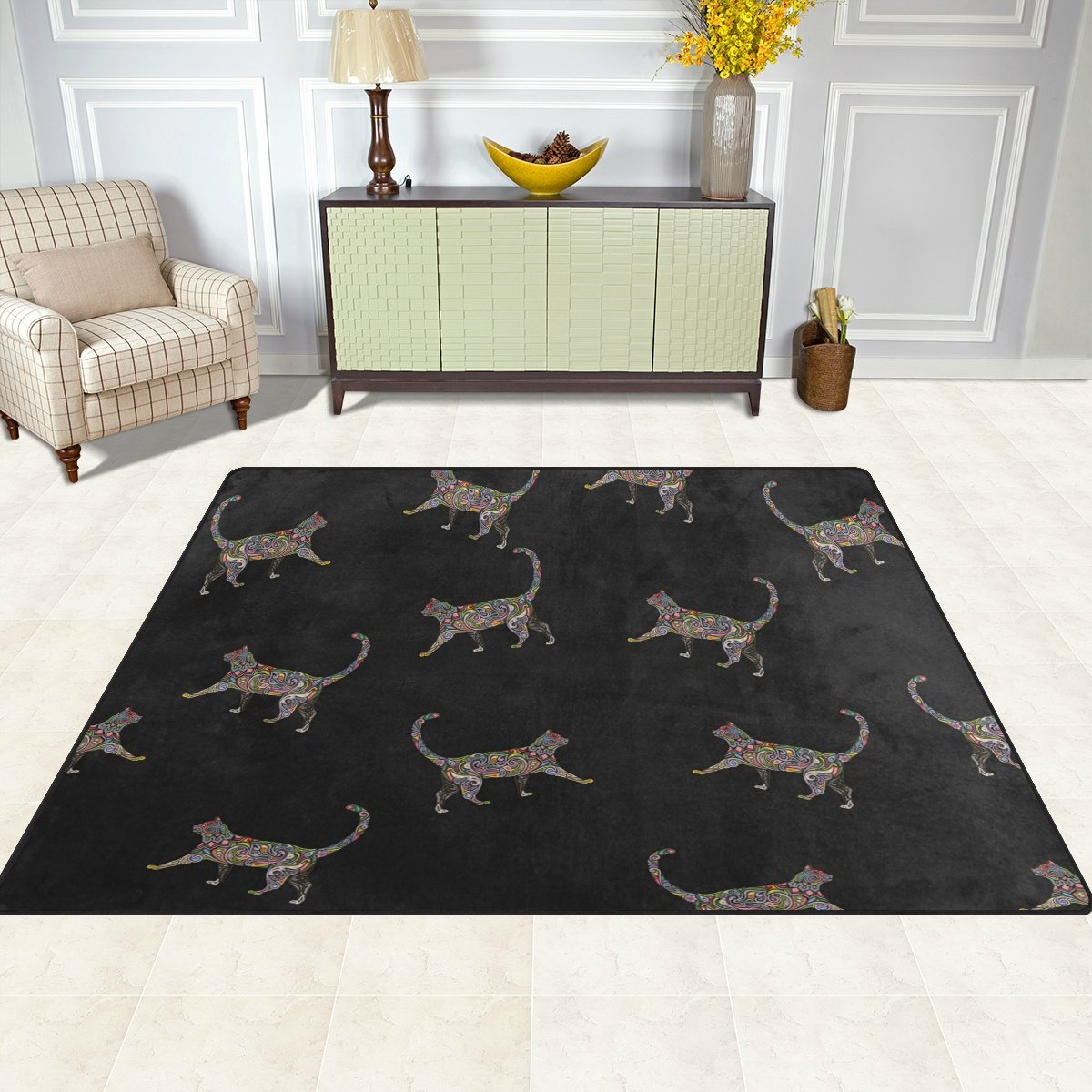 Mnsruu 203 x 147 cm Noir Style Ethnique Chat Imprimé Grande Surface Rugs Tapis de Sol antidérapant, léger, Utilisation pour Le Salon Chambre à Coucher Maison du Pont terrasse