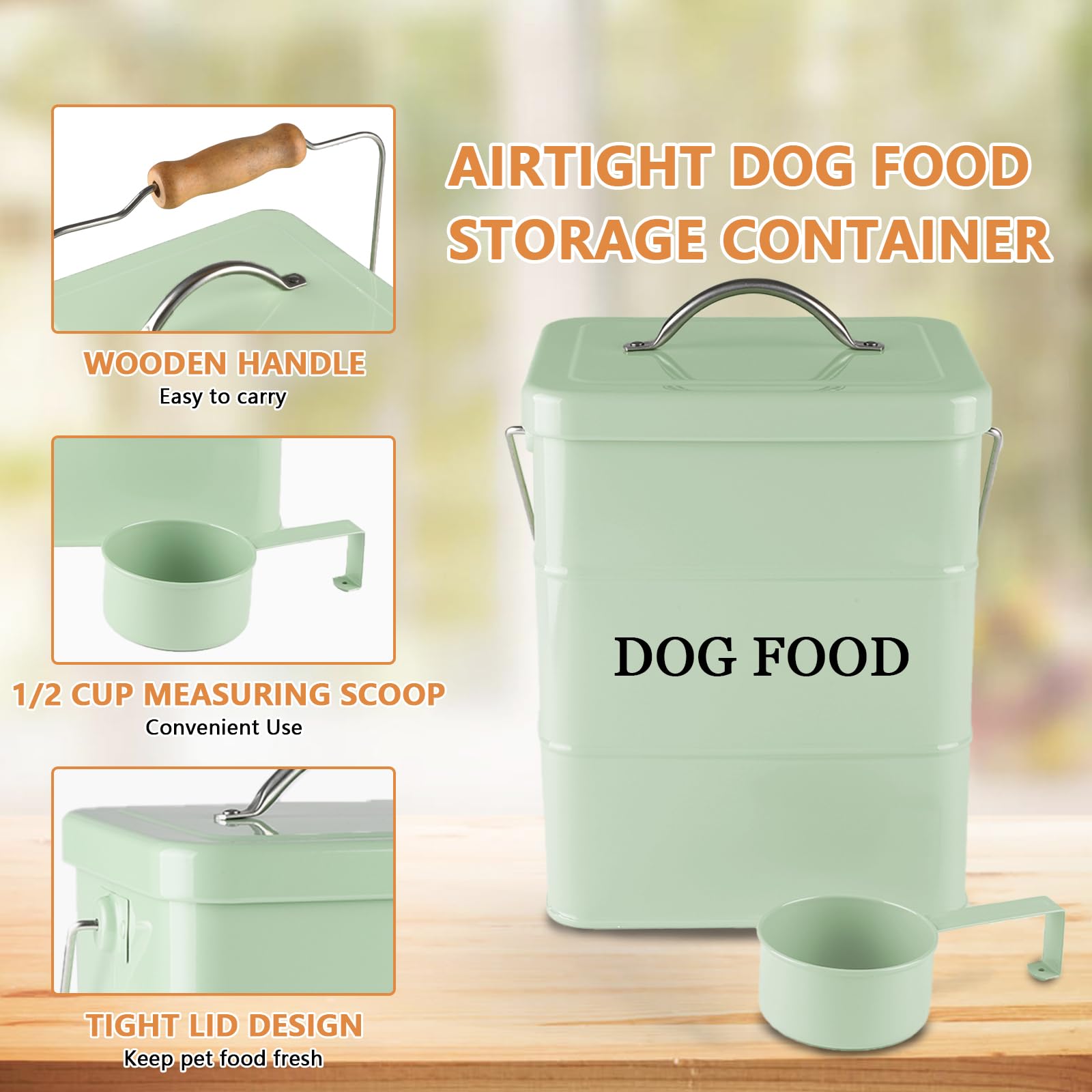 Geyecete-Contenitori Cibo Cane,Contenitori per alimenti per animali domestici,Contenitore crocchette Cani,in acciaio al carbonio rivestito,con coperchio e cucchiaio,Capacità 6L-verde