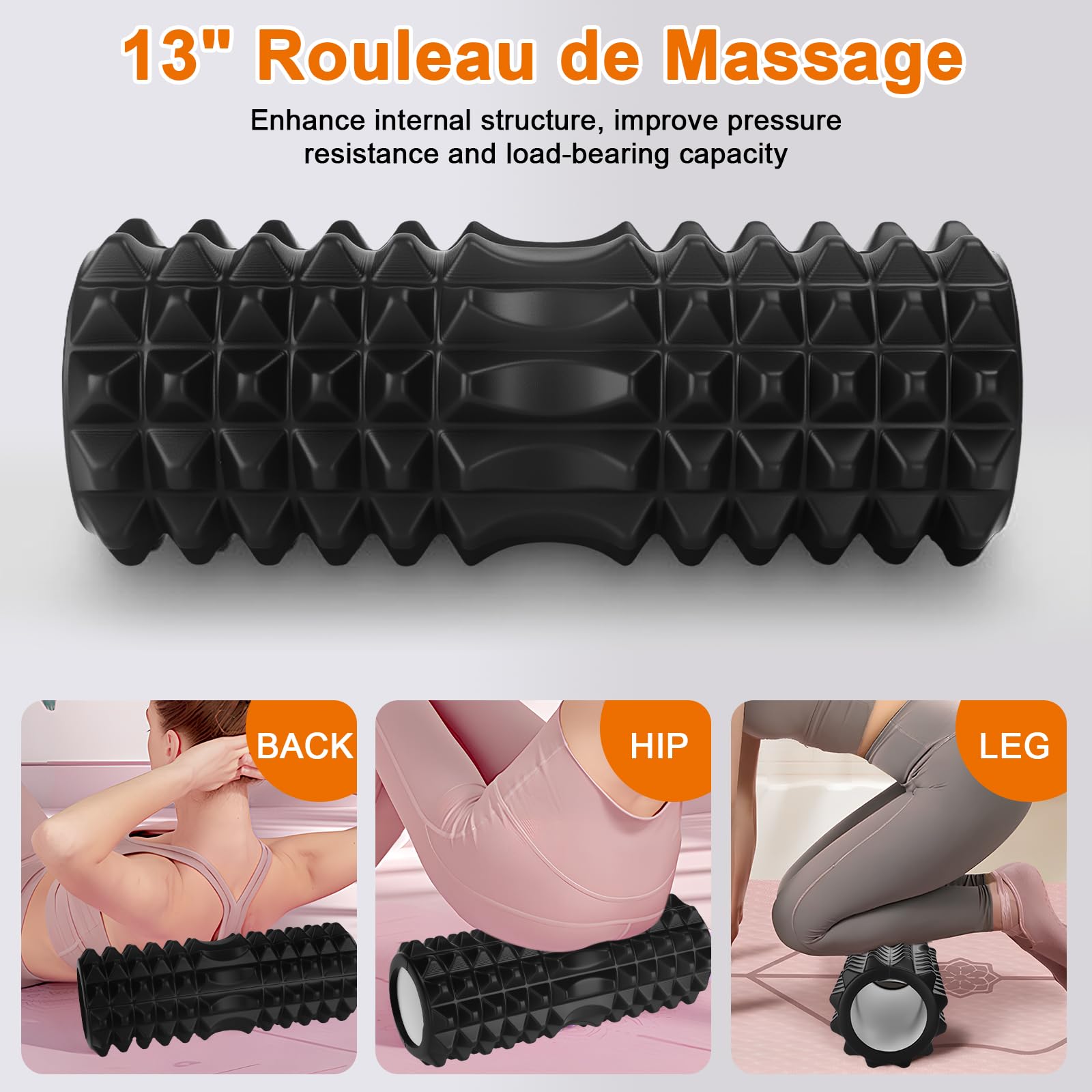 Rouleau de Massage,7 en 1 Foam Roller Kit,Rouleau de Massage Musculaire,Bâton de Rouleau de Massage,Boule de Fascia,Tendeur,Bandes de Résistance pour Massage Profond des Tissus Musculaires