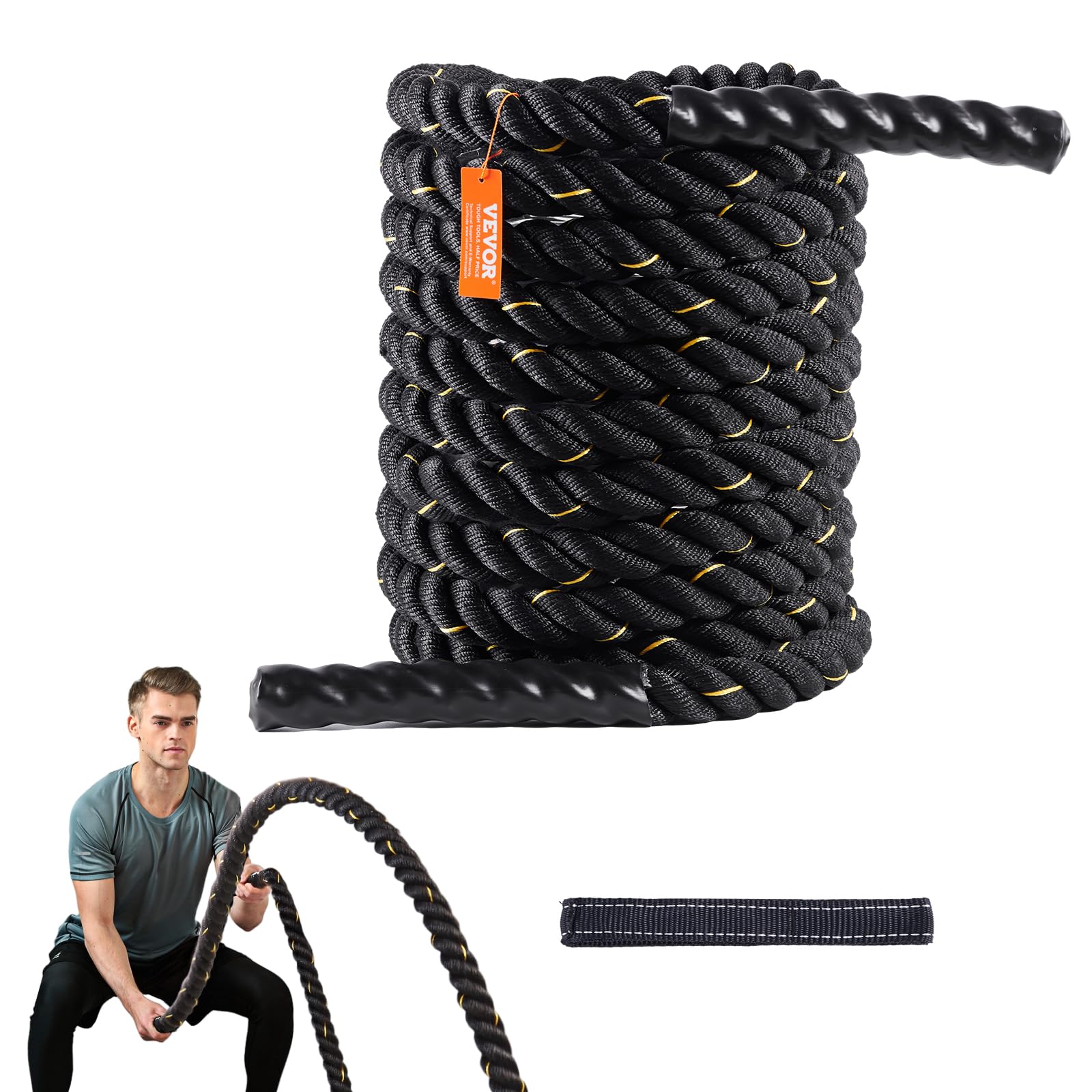 VEVOR Battle Rope, 1.5 Inch Diameter 30Ft Length Polyester Exercise Rope, Battle Exercise Equipment, Heavy Weighted Rope for Home Gym Body Workout Core Strength Training Muscle Building Fitness