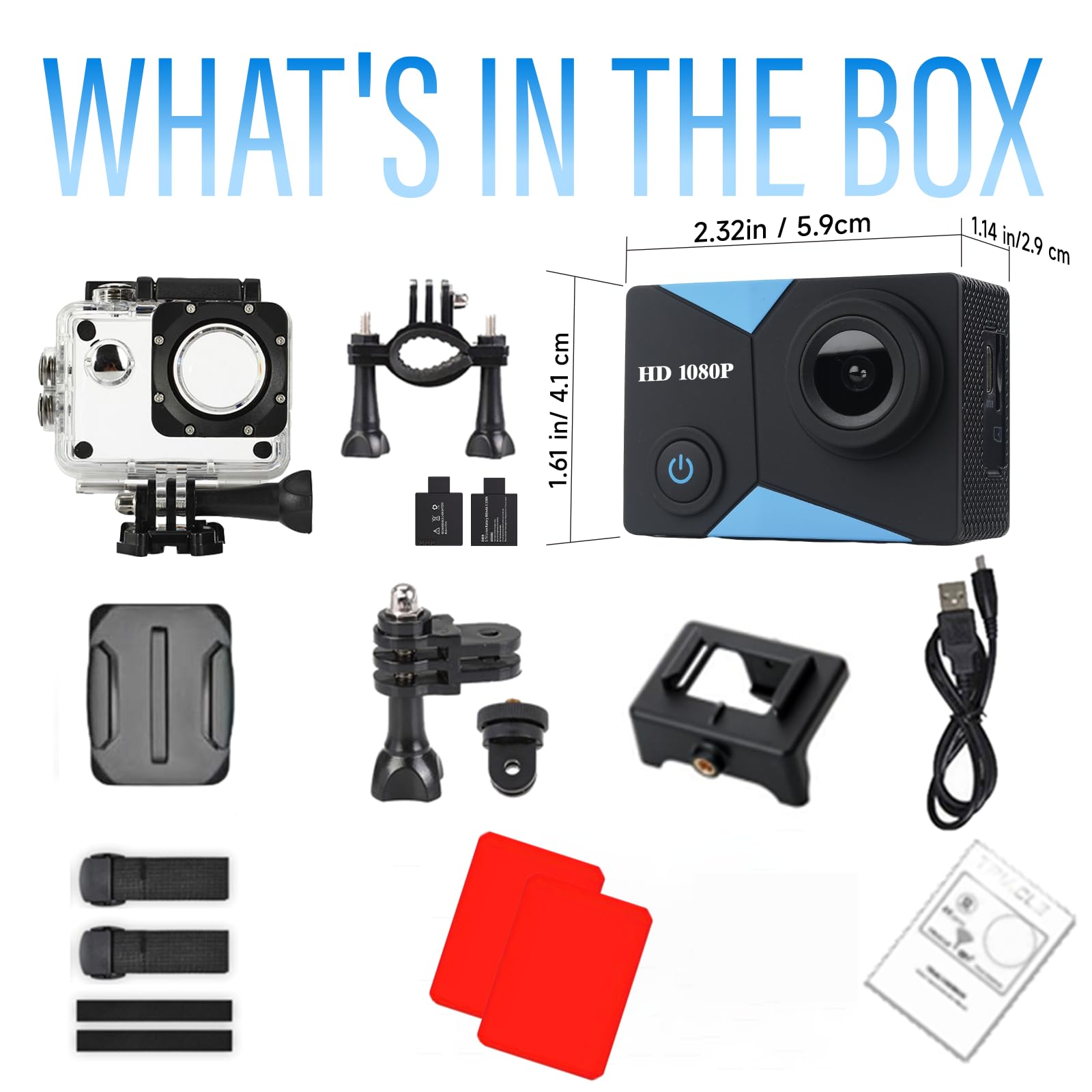Caméra Sport 1080P 12MP 2" Écran LCD Étanche 30M avec Batteries et Accessoires Vélo