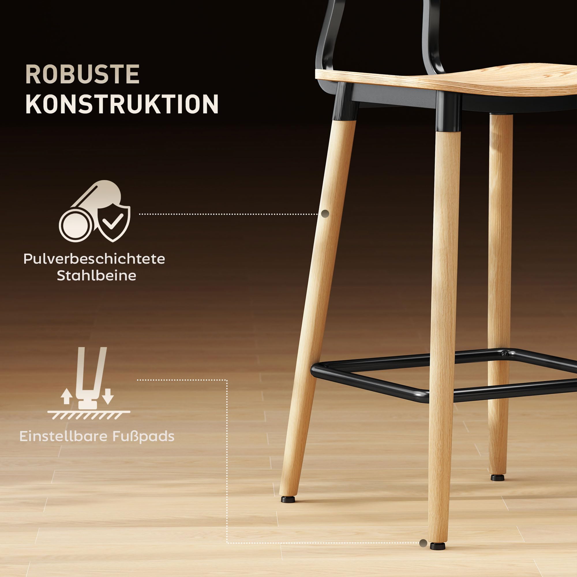 HOMCOM Barhocker 2er Set Barstuhl Tresenhocker mit Rückenlehne und Fußstütze, Küchenstühle mit Stahlbeine für Küche, Wohnzimmer, Esszimmer Natur