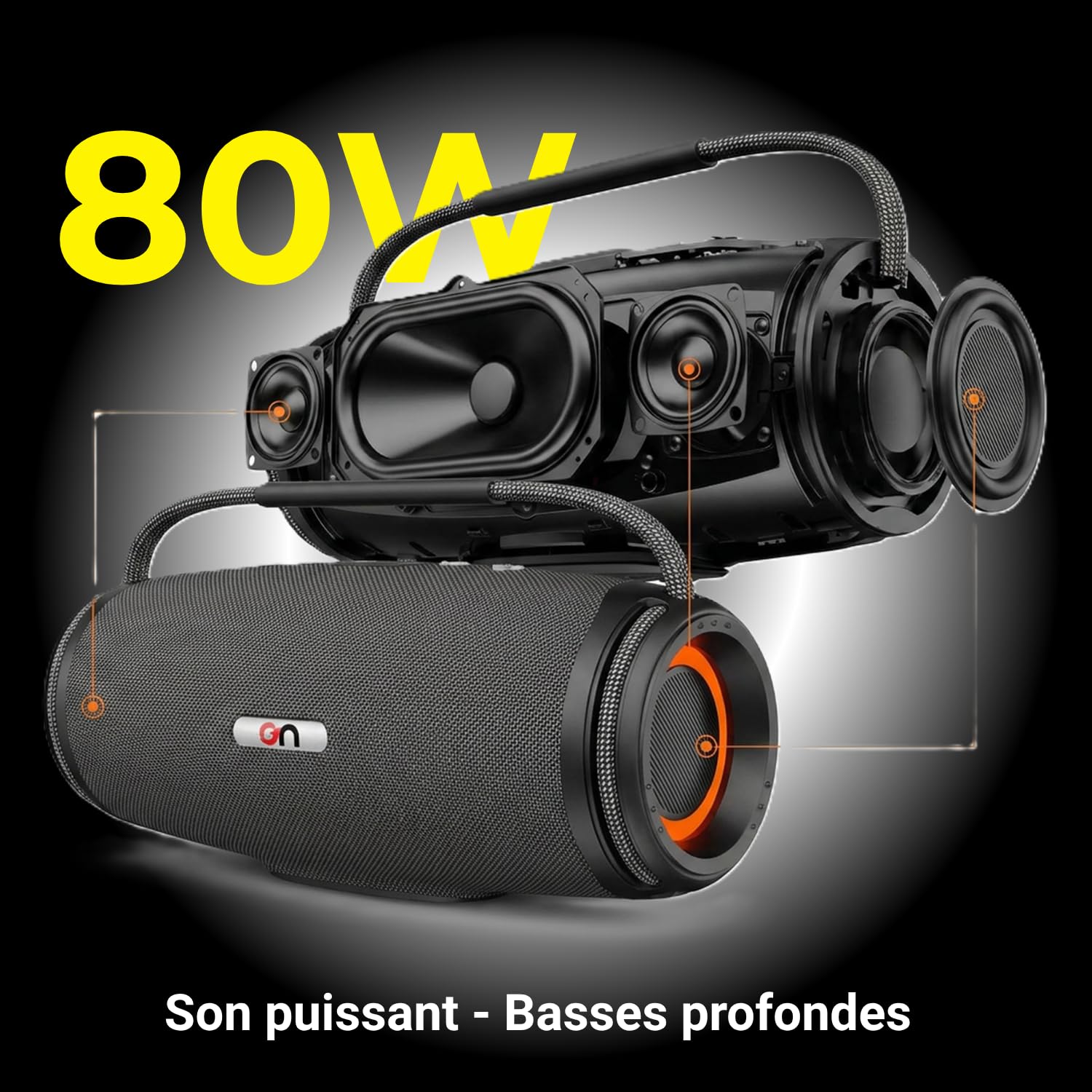 on ON09 – Enceinte Bluetooth Portable Puissante – Basses Profondes – Enceinte Nomade Intérieur Extérieur – USB, Carte SD, AUX – Power Bank – TWS – Lumières RGB – IPX5 – Poignée Cordage Marin