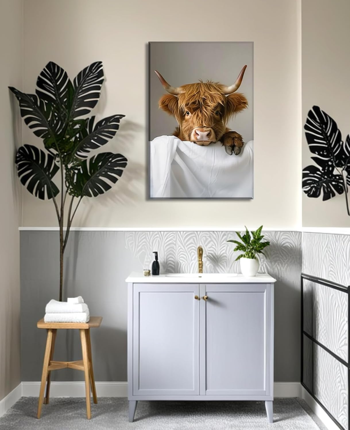 KPLUNDO Funny Cow Bathroom Canvas Wall Art Cute Calf Animal Prints Highland Cow Wrapped in Towel Picture Bath Wall Decor Framed Ready to Hang, 12.00x18.00 inch