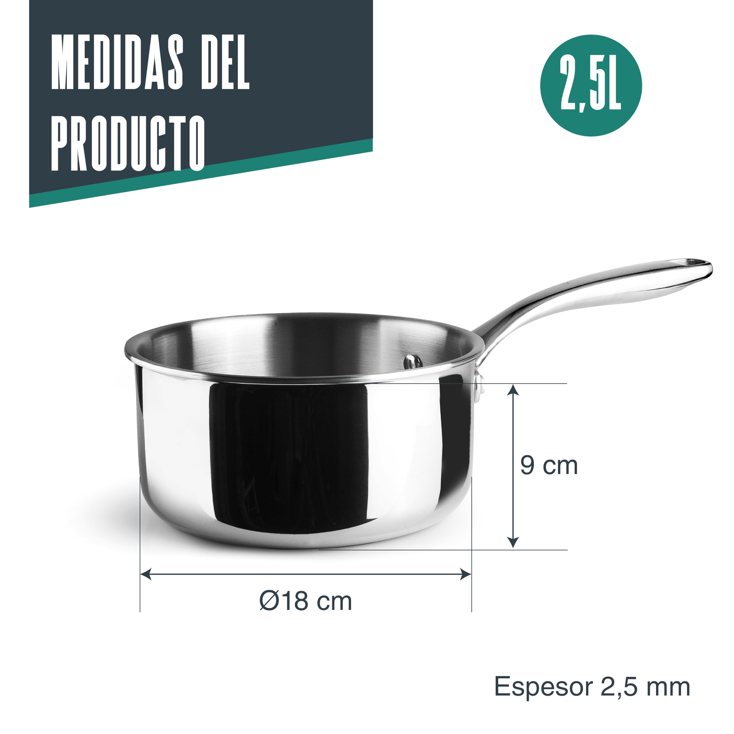 Lacor - 60868 - Cazo Trichef, 2,5 L, 18 cm, Tricapa de Acero Inoxidable 18/10 y Aluminio 1060, Mango de Acero Fundido, Apto para Inducción, Horno y Lavavajillas