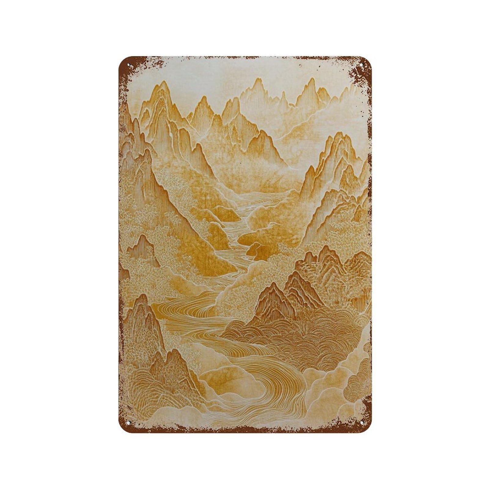 xiaoxiaoshen Golden Japanese Mountain Zen Landscape Minimal Oriental Modern Wall Decor Art Metal Tin Poster Modern Home Decor Art Home Bar Shop Decorations Vintage Sign 30x20cm