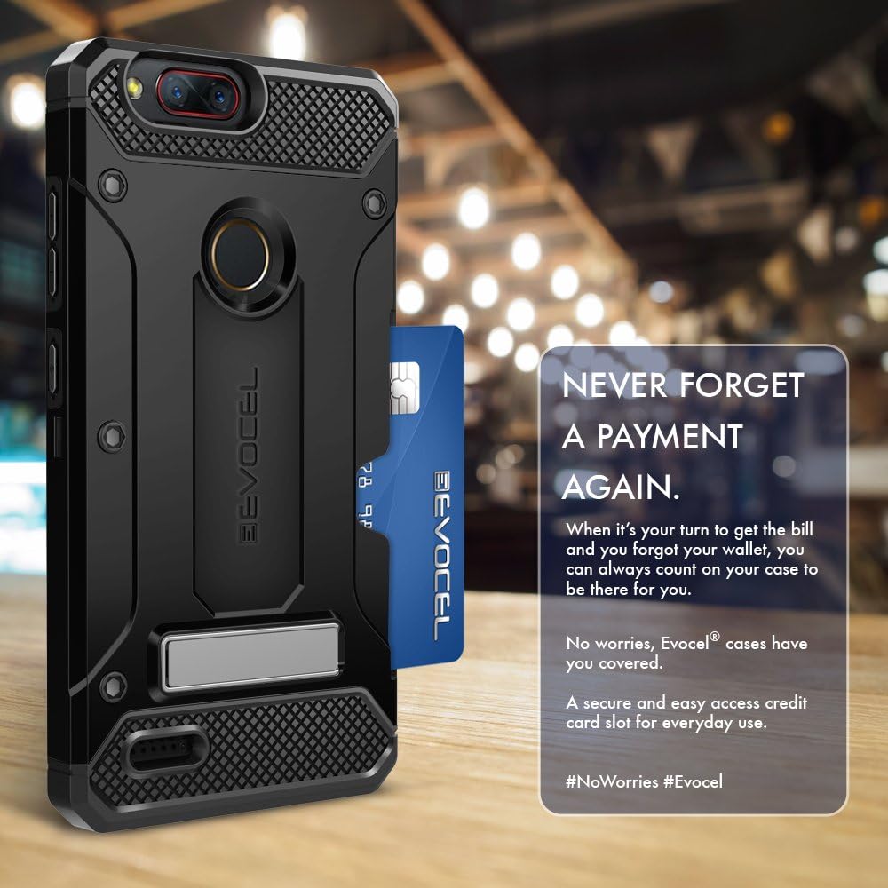 ZTE Blade Z Max Case, Evocel [Explorer Series Pro] Premium Dual Layer Credit Card Case with Glass Screen Protector & Magnetic Kickstand for ZTE Sequoia/ZTE Blade ZMax (Z982), Black