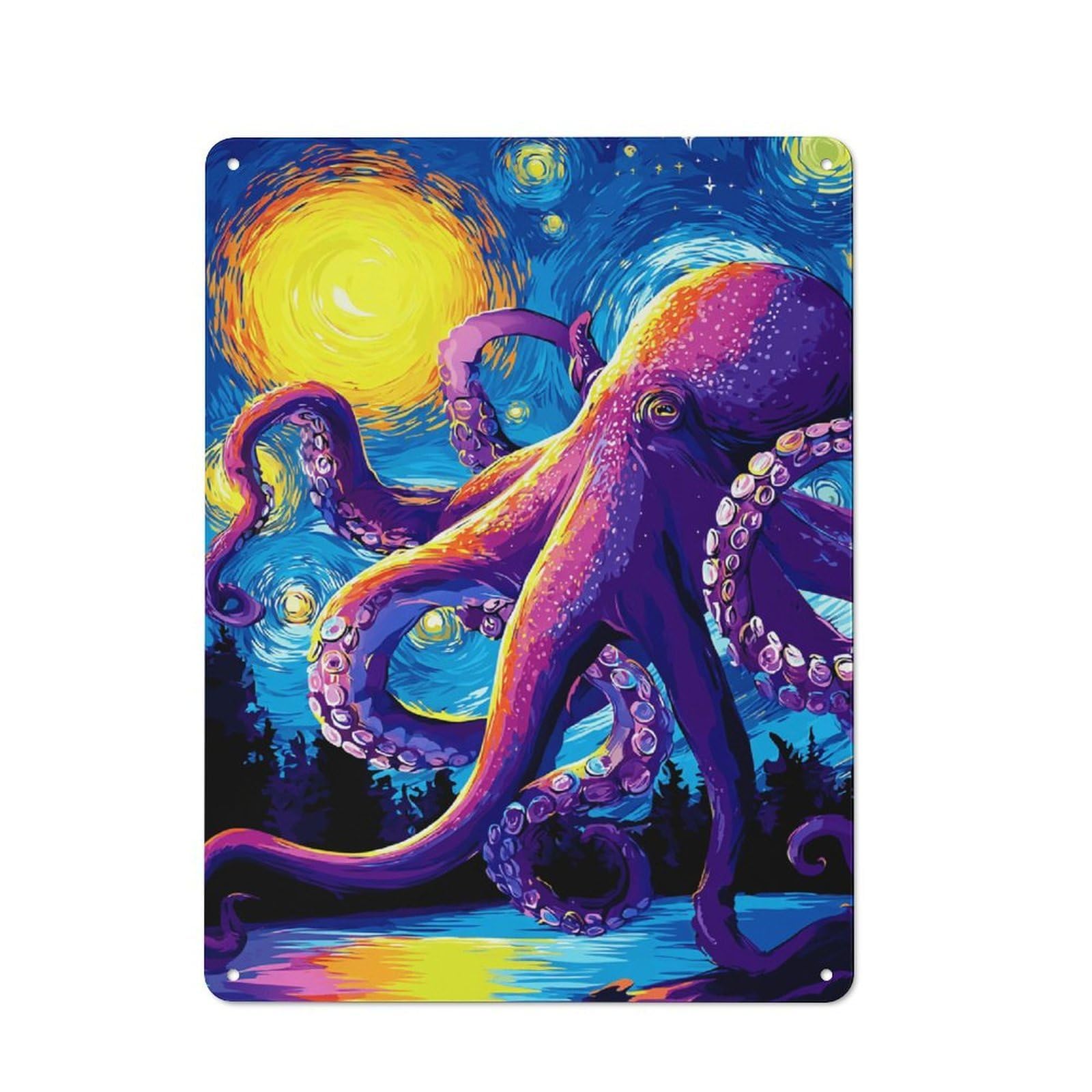 Junmoney Vibrant Octopus In Starry Night Sky Decorative Tin Plaque With Design 40X30cm, Classic Novelty Wall Art For Flat, Dorm Room, Lounge Or Cafe