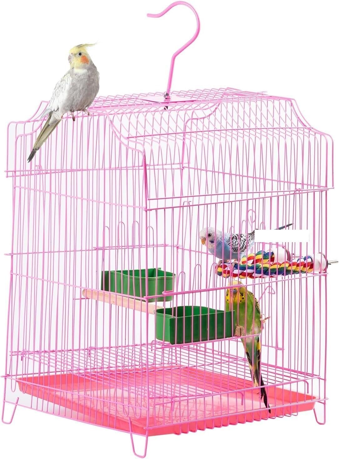 Bird Cage Parrot Cage Travel Bird Cage Small Birds Starter for Parakeets Lovebirds Parrotlets Finches Canaries Removable Plastic Tray Flight Birdcage(Pink)