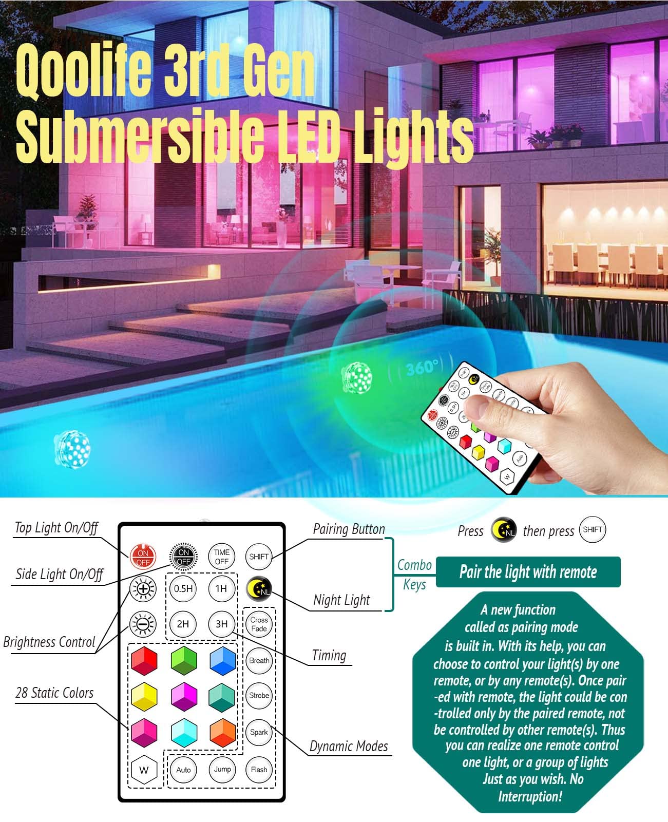Qoolife 4" 20LED Magnetic Submersible LED Light - Emparejamiento con mando a distancia, control en grupos, luces sumergibles recargables impermeables para piscinas, brillante y fuerte imán (2 Pack)
