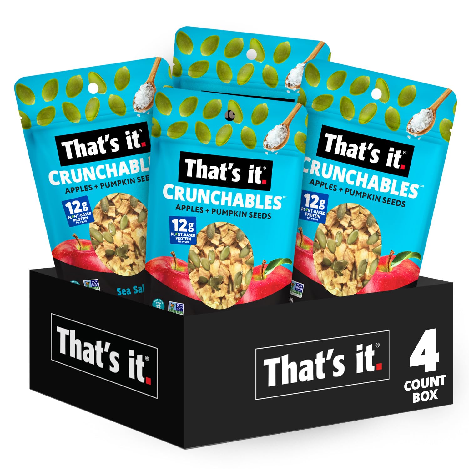 That's it. Crunchables (Apple + Sea Salt) Plant Based Protein, Gluten-Free Crunchy Snack Mix, (4 Packs x 2.5oz) Perfect for Salad Topper and Yogurt Topper