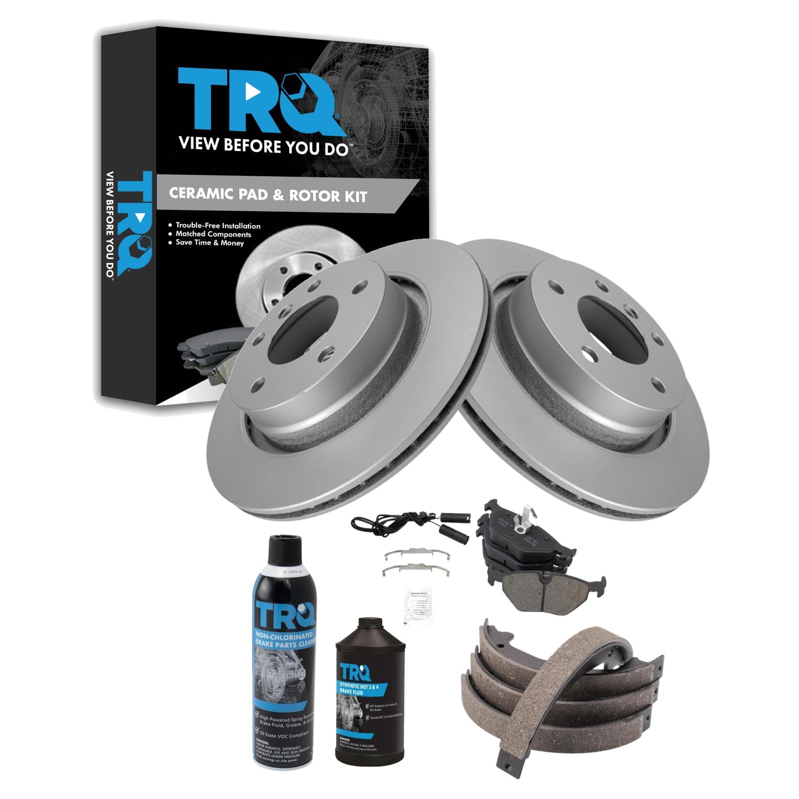 TRQ Rear Brake Pad &amp; Rotor Kit, with Chemical Kit Parking Brake Shoe Set Ceramic Premium G-Coated Compatible with 2000 BMW 323Ci 323i 2001-2006 325Ci 2001-2005 325i 328Ci