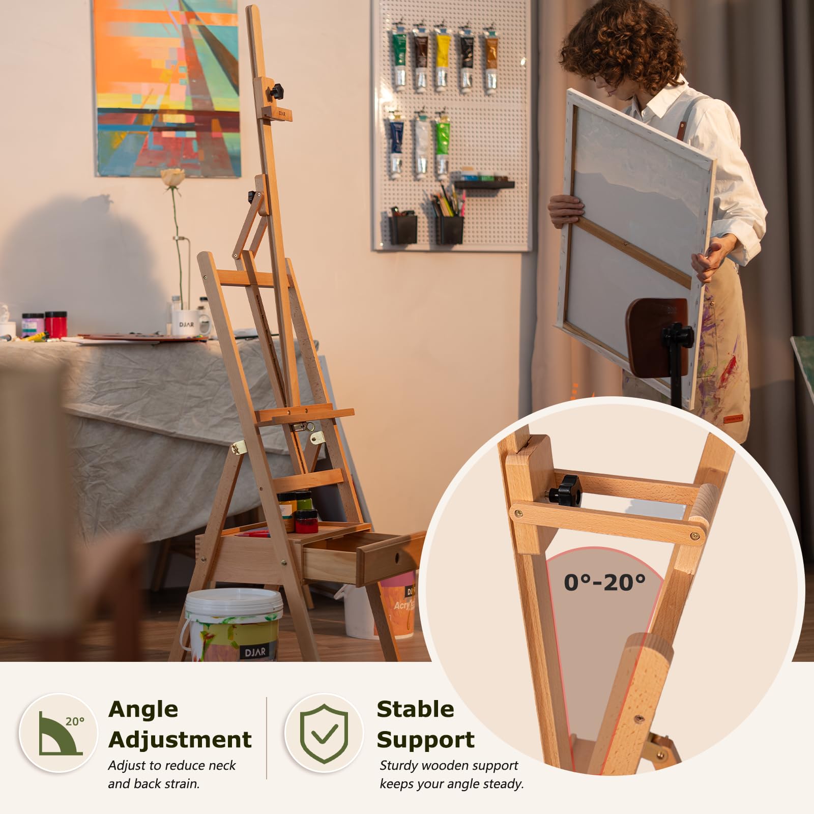DJAR Caballete de Estudio con Cajón de Almacenamiento, Caballete de Suelo en H Ajustable de Madera de Haya Maciza, Soporta Lienzos hasta 91 cm, Natural