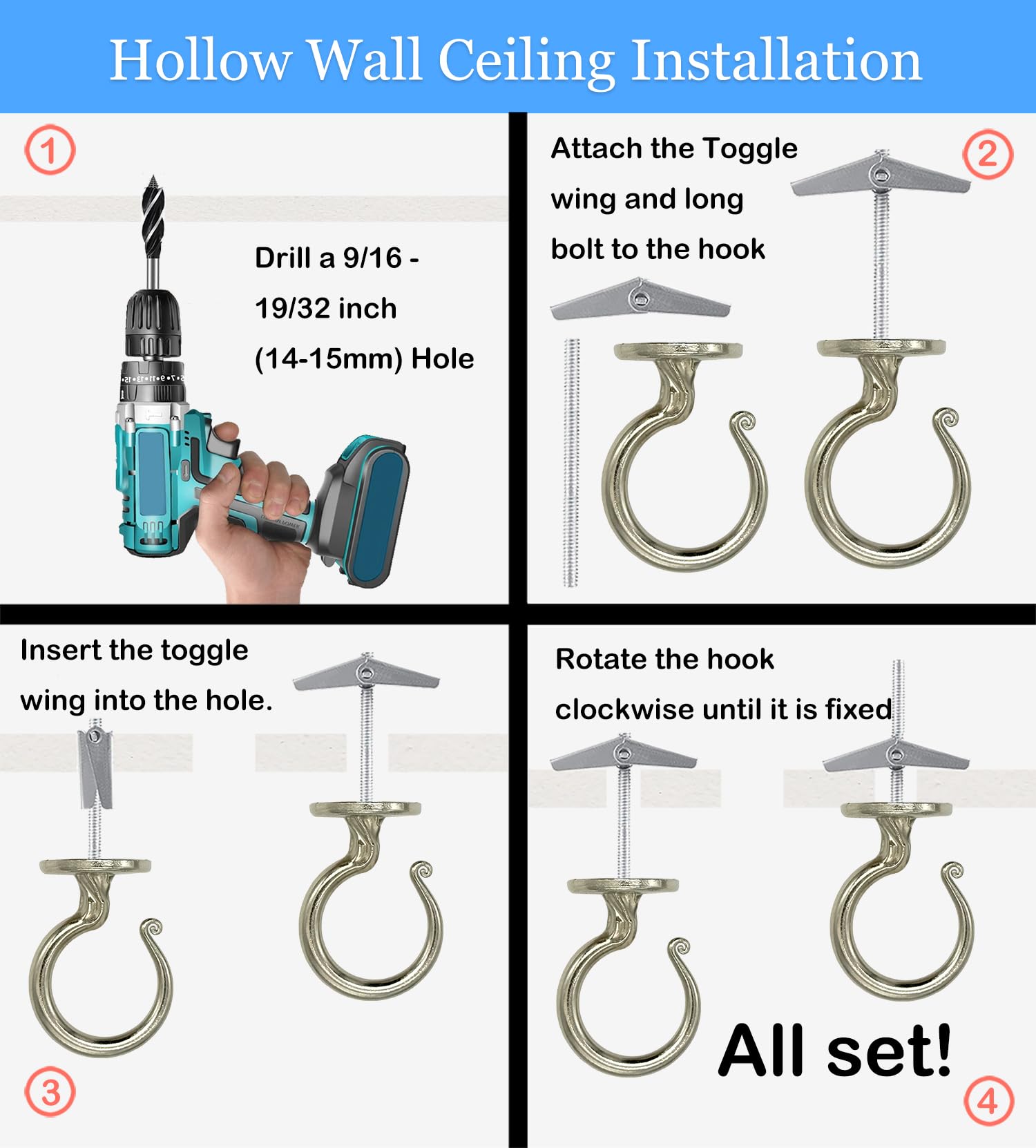 Evsteluo 2 Inch Heavy Duty Ceiling Hook – Easy Installation Zinc Alloy Hooks for Hanging Plants & Light Fixtures, Works on Wood, Concrete & Drywall (2 Sets, Chrome) : Industrial & Scientific