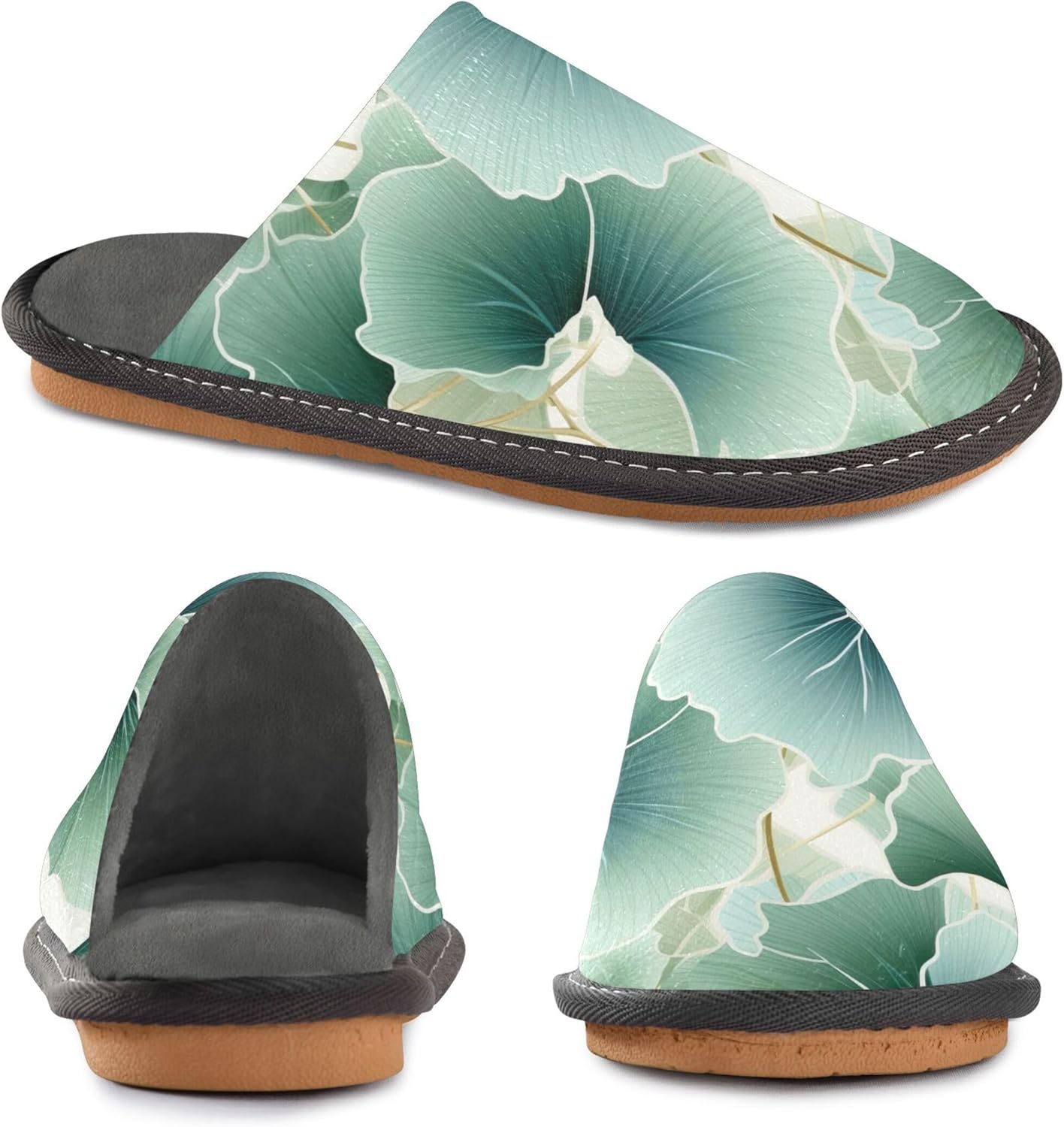 Ginkgo Biloba Green Leaf House Slippers – Cozy Fuzzy Slippers for Guests, Washable & Disposable, Perfect for Shoeless Home, Spa & Hotel Use A110141