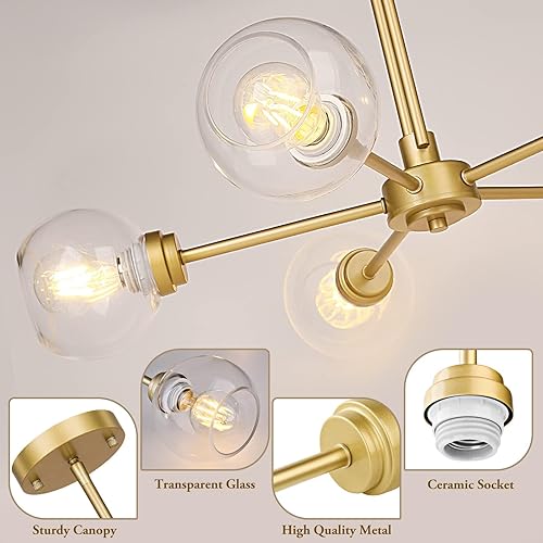 Miniatura 6 de Lámpara colgante con forma de globo, moderna lámpara de techo semiempotrada dorada con vidrio transparente, lámpara de comedor de 5 luces, lámpara