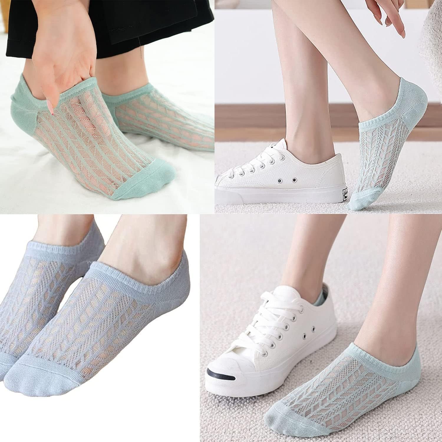 10 pares Calcetines deportivos para mujer, 35-39, Calcetines mujer, Algodón Cortos Calcetines Tobilleros con silicona antideslizante, Sneaker Calcetines de malla, Calcetines de barco