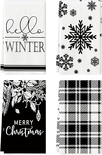 Artoid Mode Juego de 4 toallas de cocina con diseño de copos de nieve de búfalo negro, 18 x 26 pulgadas, decoración diaria de invierno de temporada
