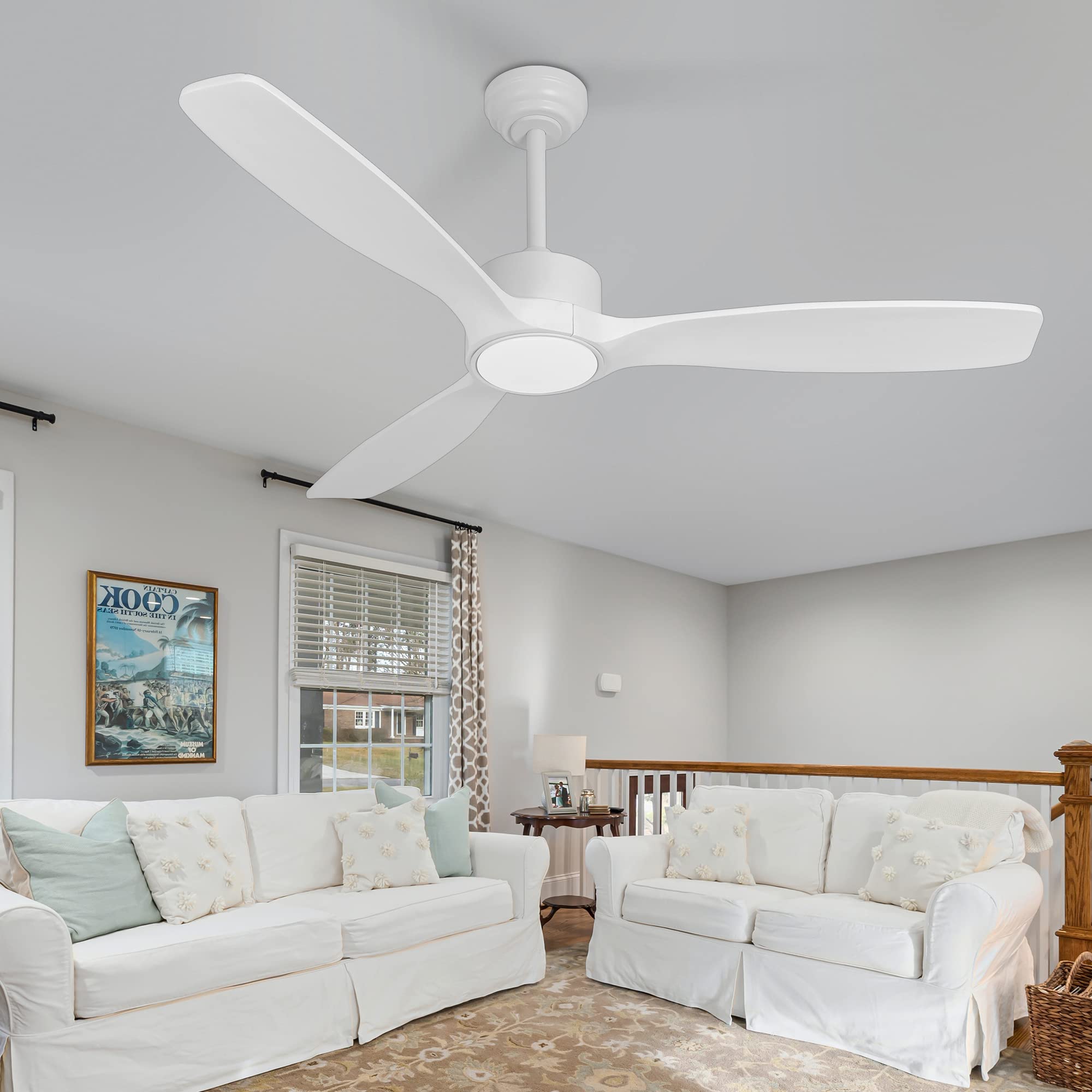 Wozzio 52 inch Indoor Outdoor Ceiling Fan with Light and Remote,White Wood Blades,Quiet Reversible DC Motor,Light Memory,6 Wind Speed for Bedroom/Patios/Living Room