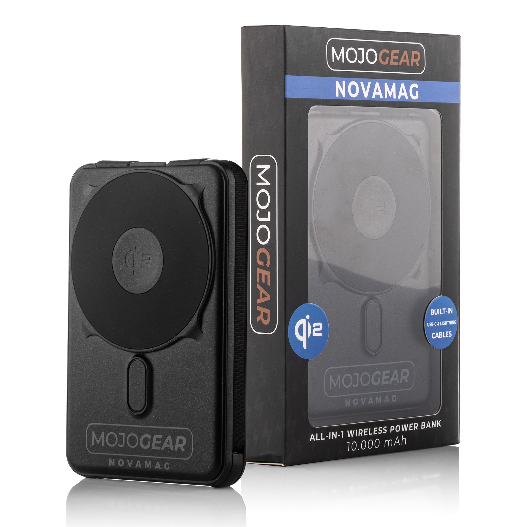 MOJOGEAR NovaMag Batterie externe tout-en-1 10 000 mAh – Charge sans fil Qi2 ultra rapide – Avec câble USB-C et Lightning – Compatible avec iPhone et Samsung – Chargeur Mag Safe – Indicateur LED