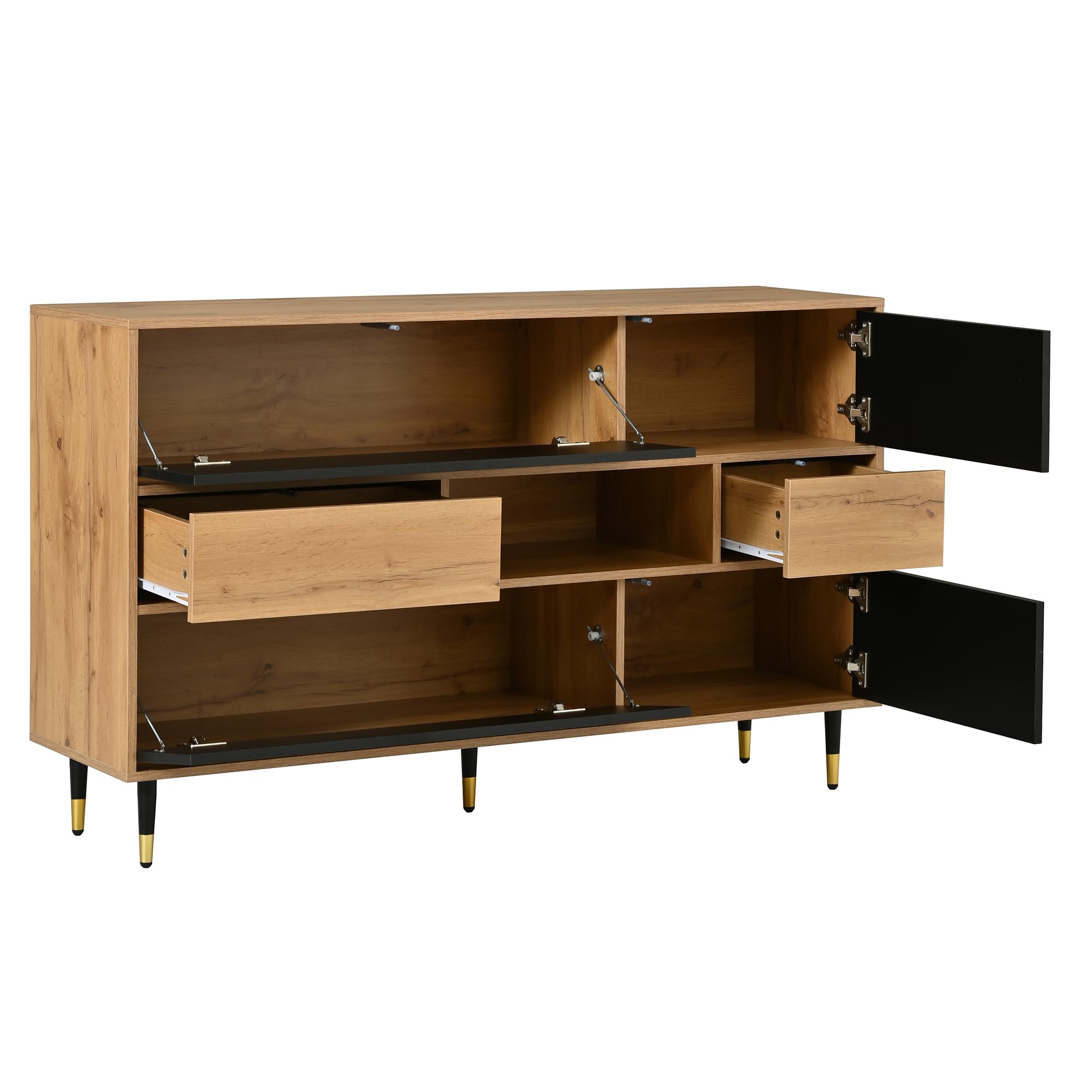 HAINEW Komoda z 4 drzwiami i 2 szufladami, szafka bufetowa, szafka pomocnicza, szafka do przechowywania, szafka kuchenna z 1 otwartą półką, 140 x 40 x 84,5 cm, kolor naturalny + czarny, HD26062504