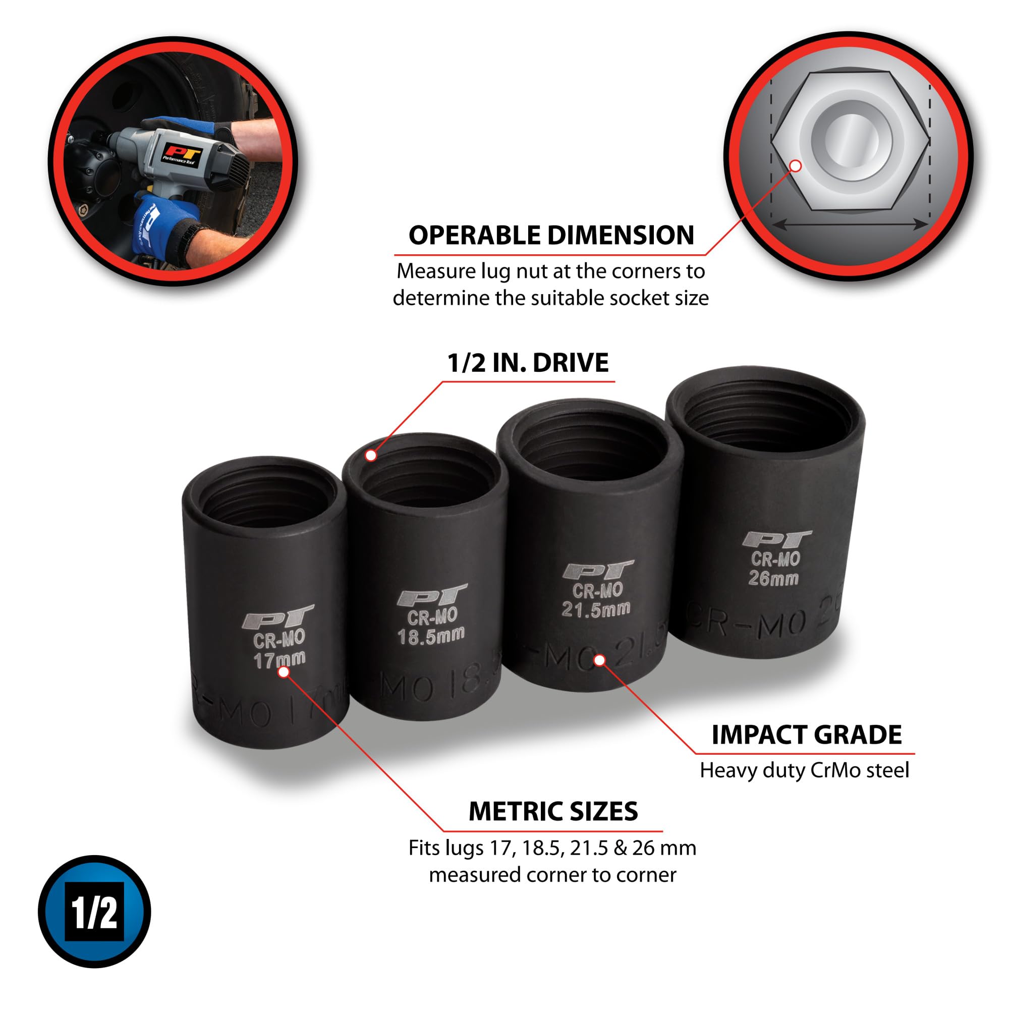Performance Tool Juego de llaves de impacto M990 resistentes para extracción de tuercas de lengüeta, se adapta a 17 mm a 26 mm, acero CrMo, acabado resistente al aceite, unidad de 1/2 pulgada
