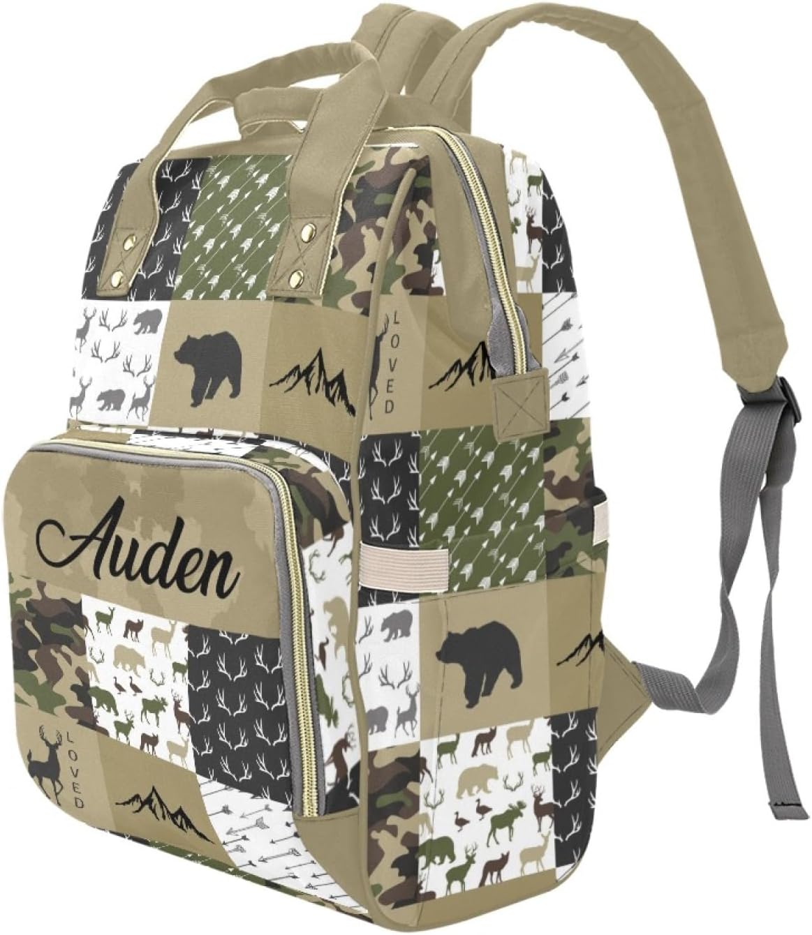 Woodland Deer Bear Baby Diaper Bag with Name – Personalized Nursing Travel Tote Backpack for Mom or Dad, Custom Name Baby Daypack Gift