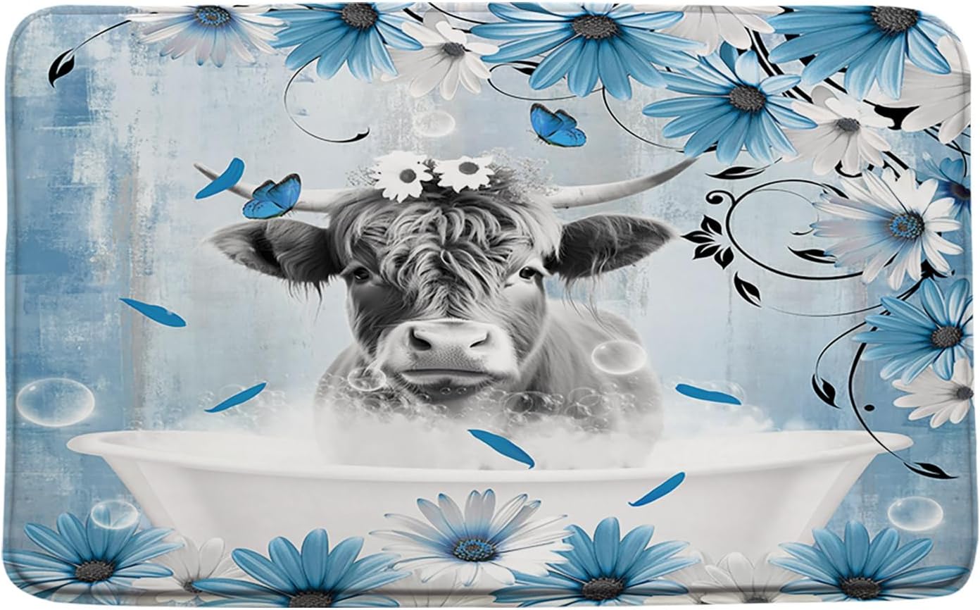 Farmhouse Highland Cow Bath Mat Rustic Western Farm Animal Longhorn Bull Floral Vintage Country Bathroom Doormat Toilet Floor Rug,16x24+17.8x29.5+24x36 Inches, Blue Gray