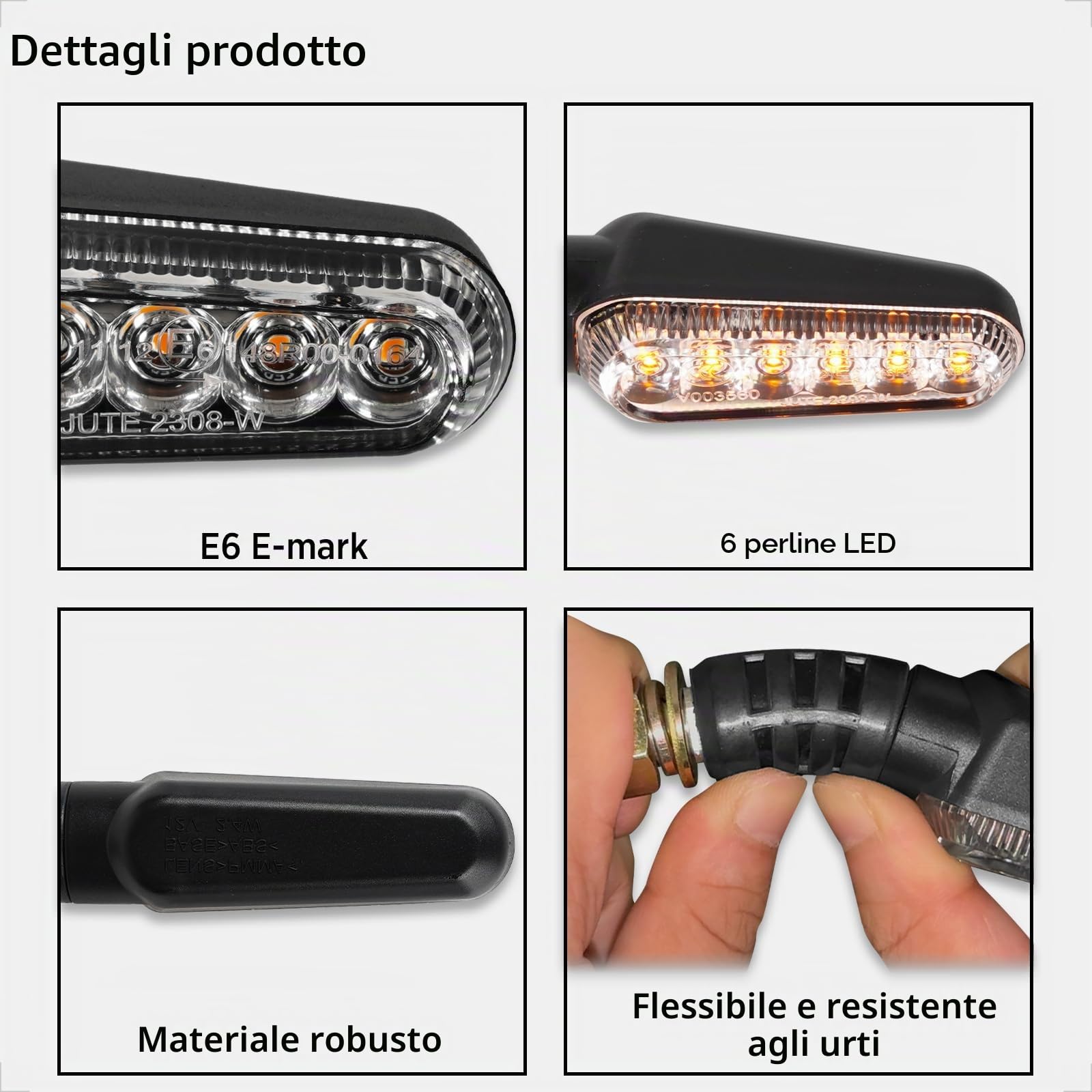 evermotor Frecce a LED per moto, 12 V, 2,4 W, 4 indicatori di direzione omologati, 6 LED molto luminosi per indicatore, impermeabile IP67, universale, retro nero, per scooter e quad, ATV