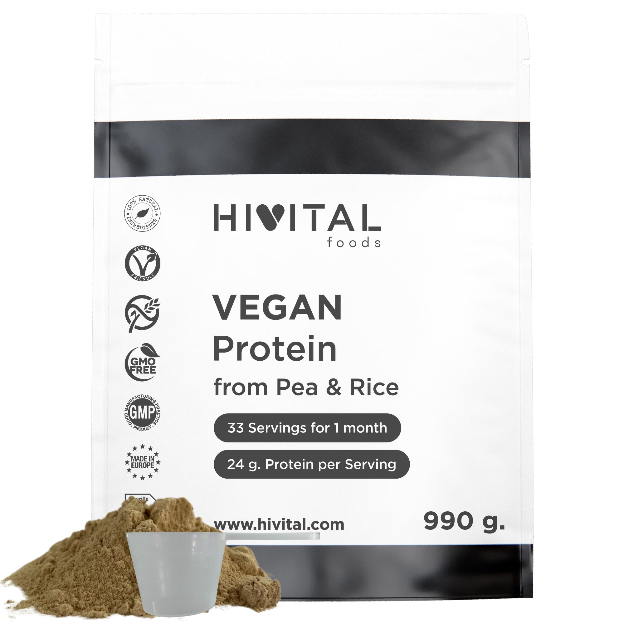 Proteine Vegane 990 g per 1 mese di trattamento. 24 g di Proteine Naturali al giorno. Protein a base di Isolato di Pisello e Concentrato di Riso. NEUTRO. Senza soia. Prodotto in Europa da HIVITAL