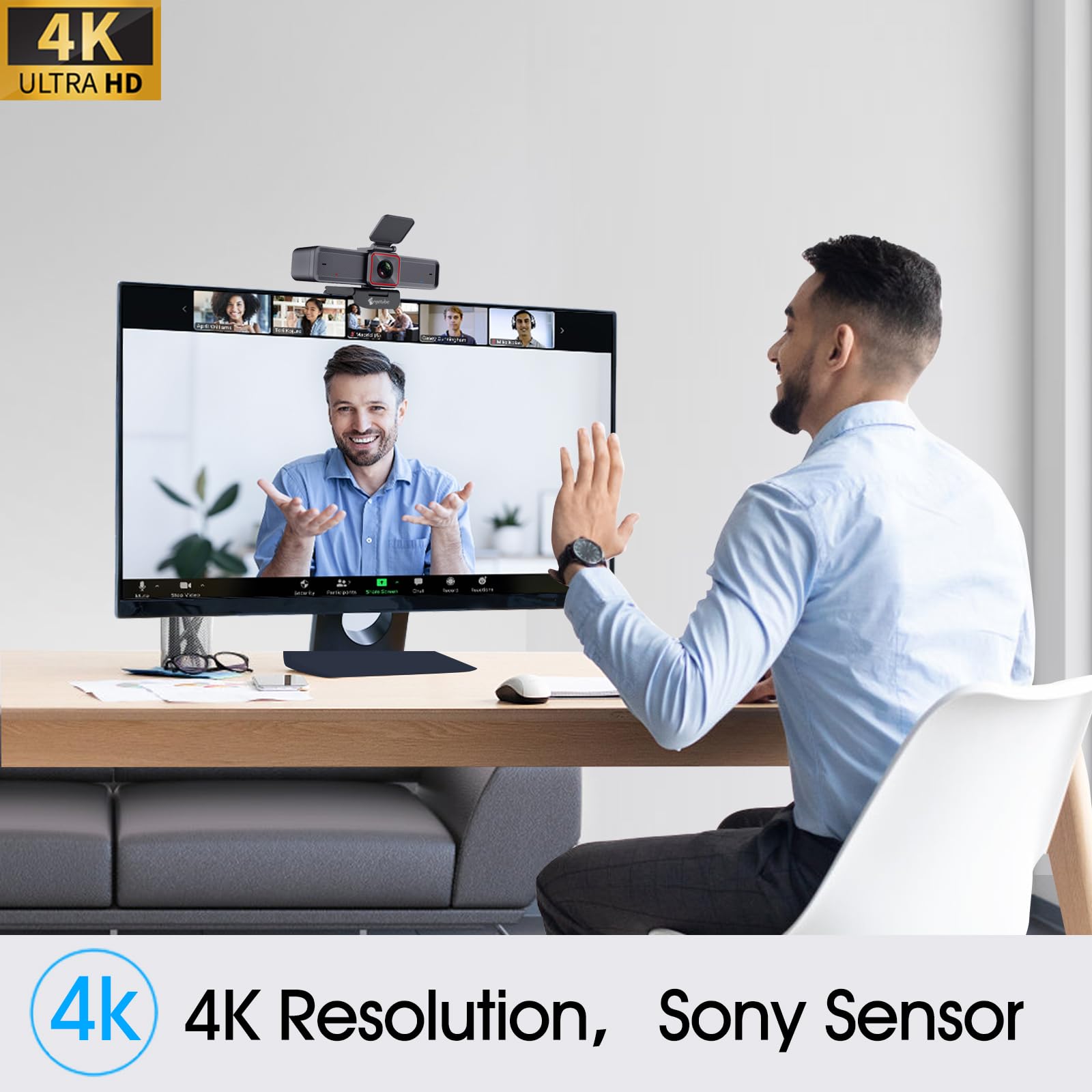 Cámara web 4K con seguimiento AI, cámara web 4K con control remoto, zoom digital 10X, cámara web 1080P 60fps con USB 3.0 HDR/micrófonos de cancelación de ruido dual para 2