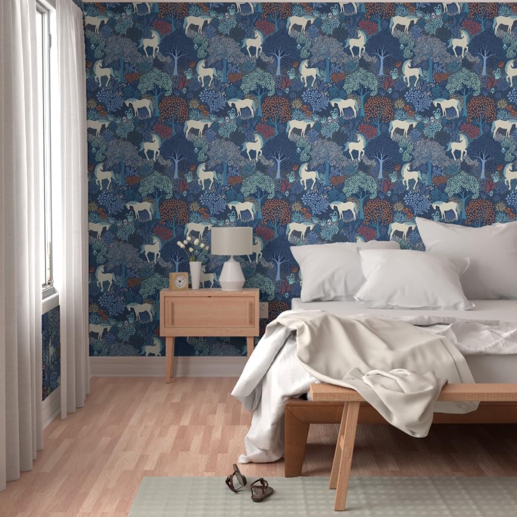 Peel & Stick Wallpaper Swatch - Unicorn Magic Woodland Fairy Tale Blue Cream Large Scale Fantasy Custom Removable Wallpaper by Spoonflower