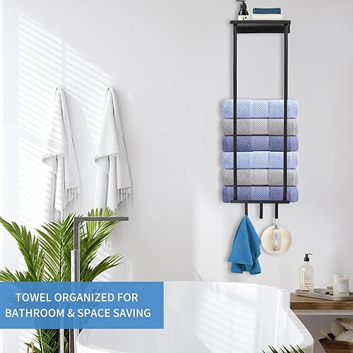 Miniatura 2 de HOTNIU Toalleros para baño pequeño montado en la pared, almacenamiento vertical de toallas con estante de metal y 3 ganchos, toallero de baño para