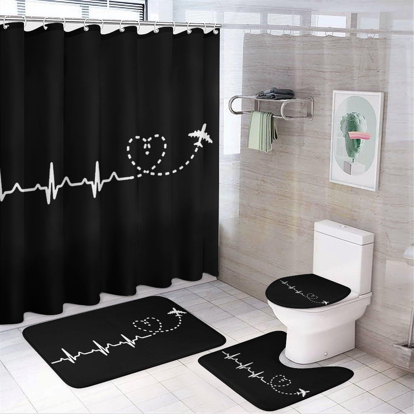CGSBNGHA Airplane Pilot Heartbeat Shower Curtain Set 4 Piece Bathroom Sets with Rugs Toilet Lid Cover And U-Shaped Floor Mat
