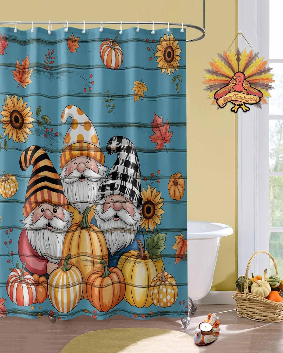 Fall Shower Curtain for Bathroom 54" x 78", Cartoon Gnomes Sunflower Pumpkins Shower Curtain with Hooks Polyester Waterproof Home Bathtub Decor