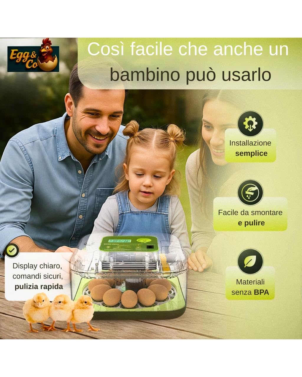Egg&Co Start 12 – Incubatrice automatica 12 uova gallina (36 quaglia). Controllo umidità preciso, rotazione automatica, flacone e sperauova inclusi. Ideale per principianti ed esperti.