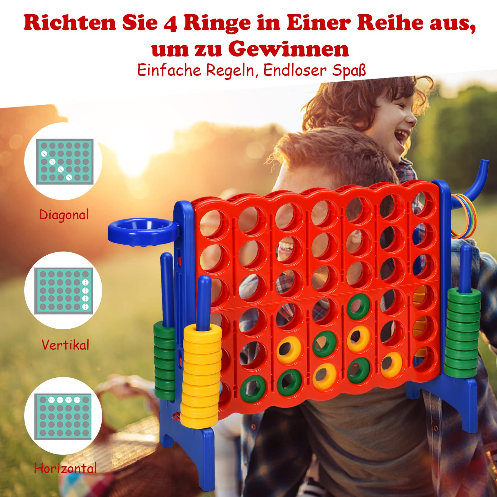 GOPLUS Riesiges 4 Gewinnt Spiel, Strategiespiel mit 42 Ringen, Basketballkorb & Wurfspiel & Schnellspannhebel, 4 in Einer Reihe für Kinder & Erwachsene (Rot + Blau)