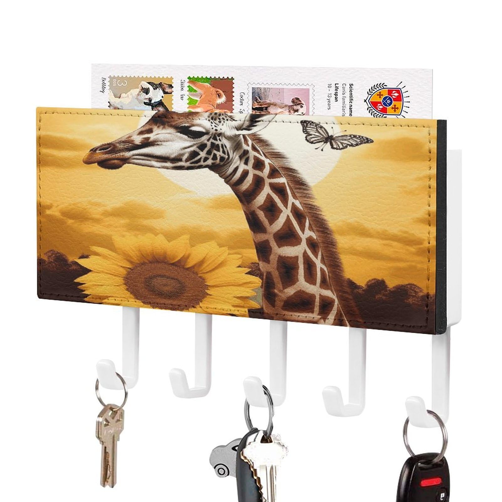 FekiLoot Giraffe and Sunflower Key Holder Wall Mount Key Hanger with 5 Hooks Decorative Key Rack Hanging Key Hooks with Mail Organizer Key Holder for Wall Living Room Kitchen Bathroom Hallway White
