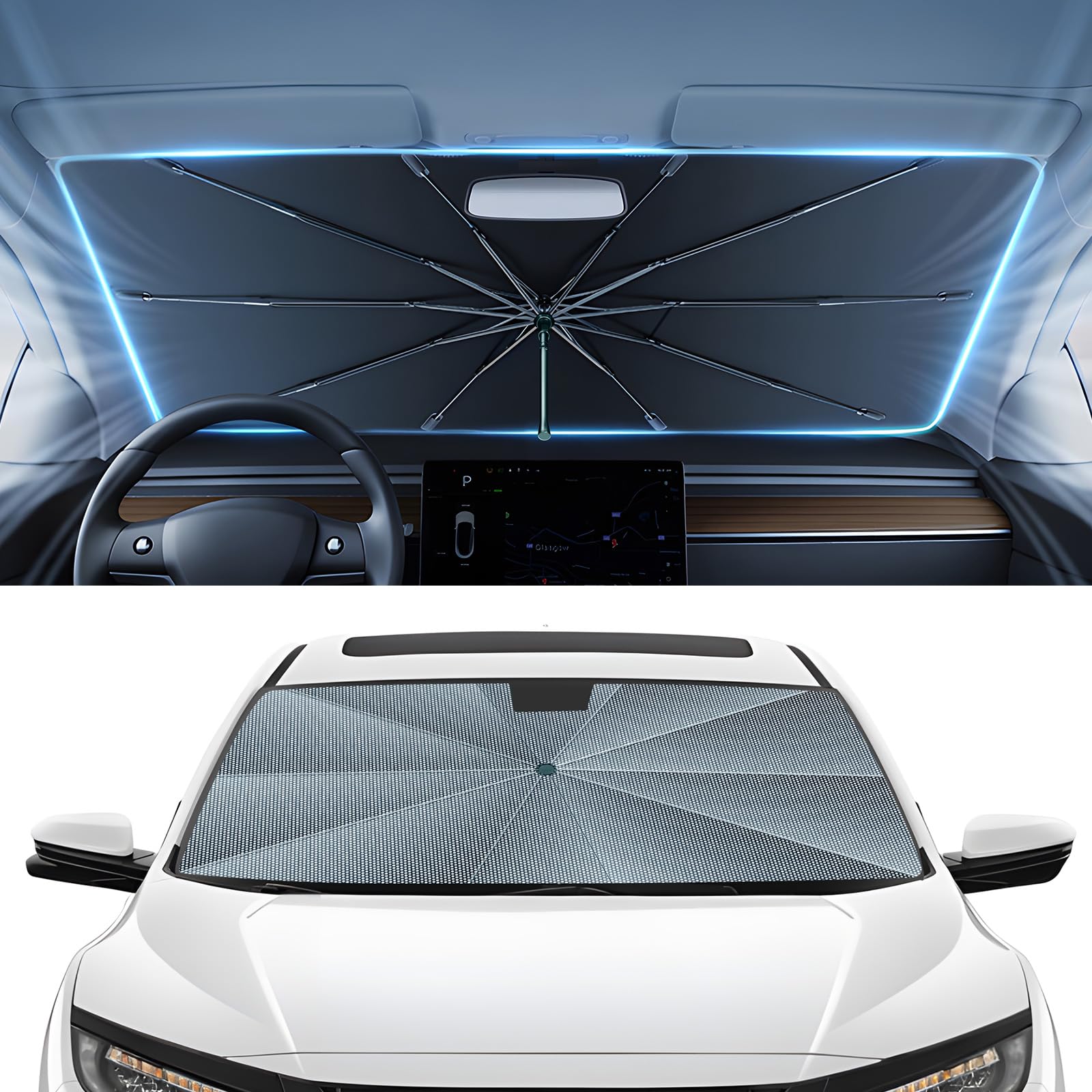Autorder Windshield Sun Shade Umbrella for 2016-2021 Honda Civic Accessories,Upgraded Ice Crystal Material,Easy Setup Umbrella Sunshade for Car Windshield,100% Sun Blocking