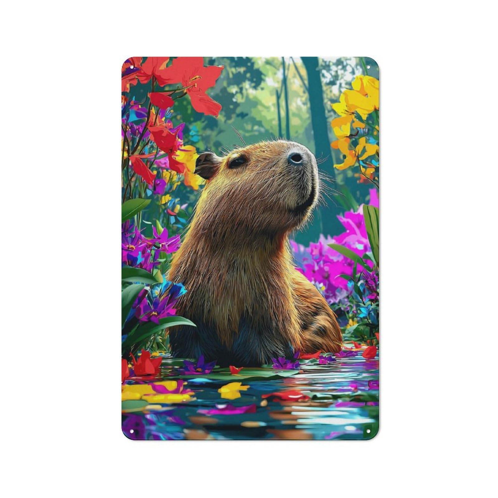 Junmoney Capybara In A Floral Paradise -2 For Garden Room Or Summerhouse, Retro Tin Sign 30X20cm, For Garage, Workshop And Man Cave Decoration