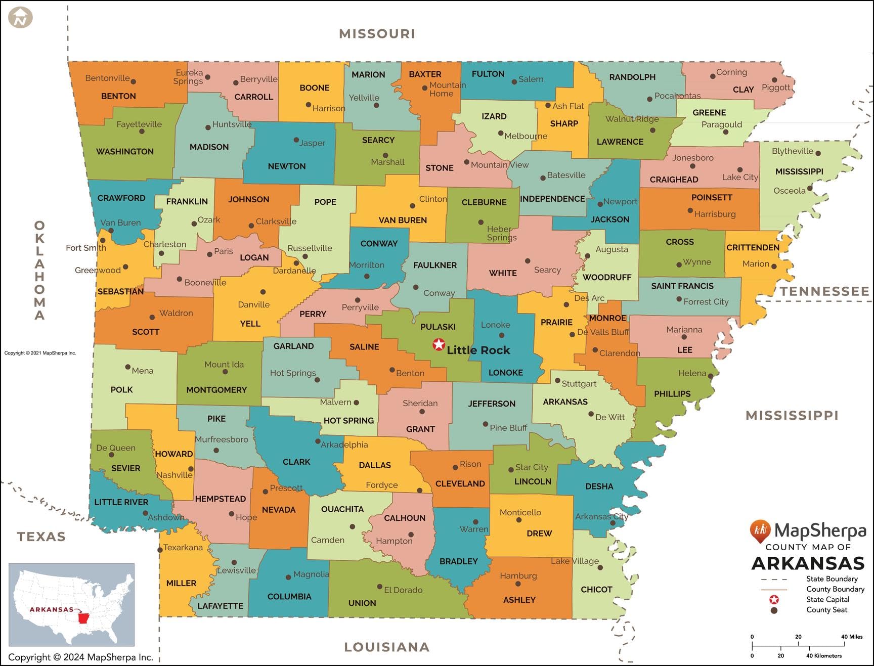 Arkansas Counties Map - Large - 36.5 x 48 inches - Front Lamination