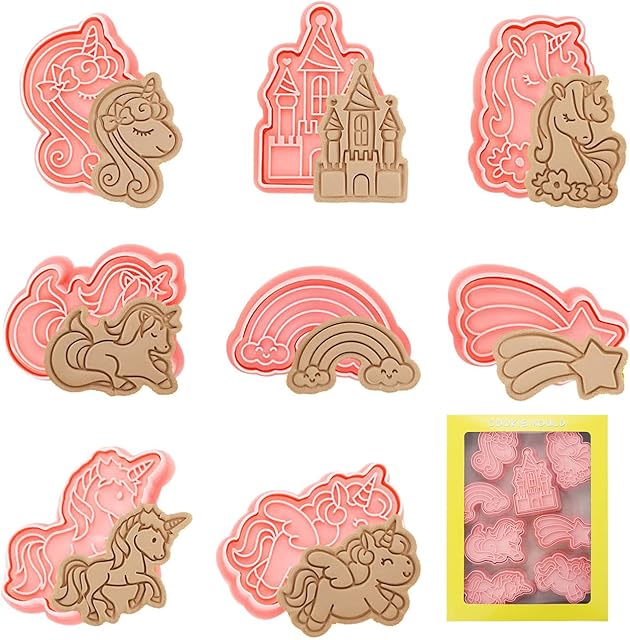 Unicorn Cookie Cutter Set -Tomicy 8 pcs Unicorn Cookie Cutters Set Plastic Biscuit Fondant Press Plunger Cutters Mould Cartoon Pattern Printing for DIY Cake Baking Decoration Supplies Favors - Pink