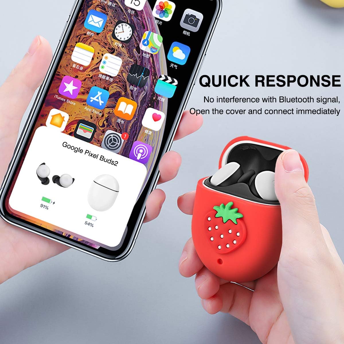 Newseego Compatible with Google Pixel Buds 2(2020) Case, Cute 3D Funny Protective Cover Soft Silicone Cartoon Shockproof Case with Ring Keychain Fashion Design Support Wireless Charging-Strawberry