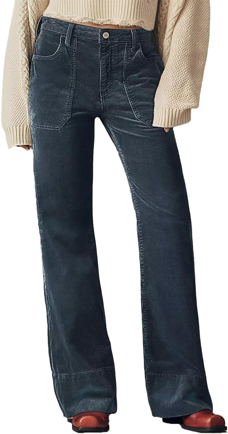 Flamingals Women's Straight Leg Pants Mid Waist Wide Leg Corduroy Pants with Patched Pocket Casual Work Pant