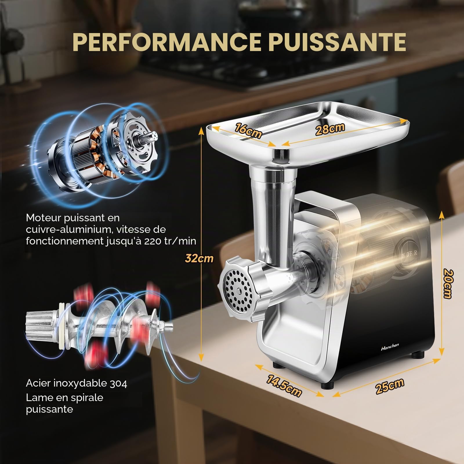 Hanchen Hachoir a Viande Electrique 6en1 avec Tube à Saucisse, 3 Plaques de Ponçage en Acier Inoxydable (3,5,7mm), Accessoires pour Biscuits, Annexe Kubbe, Presse-Tomates,Rapeuse Legume Electrique