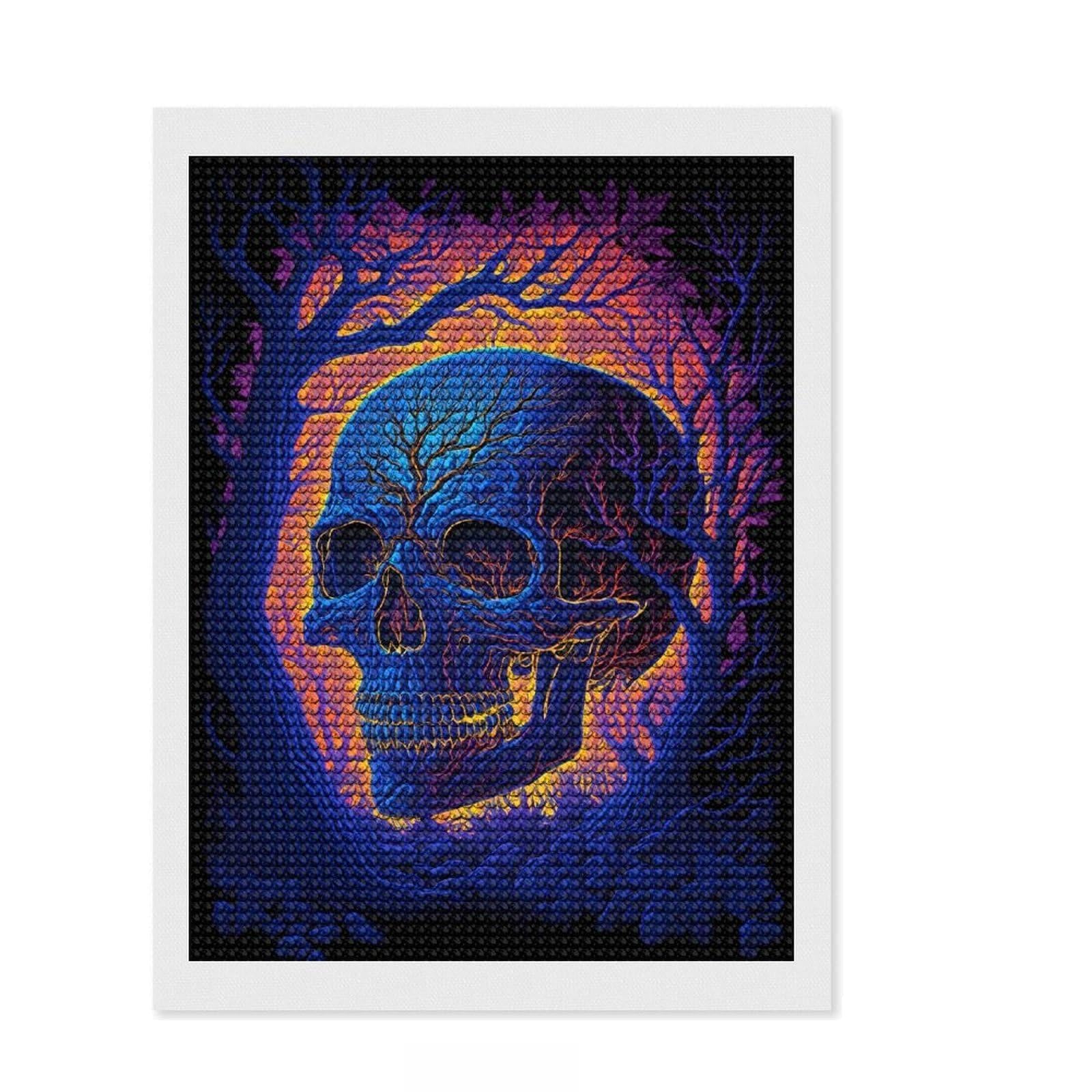Junmoney Black Light Skull Round Drill Diamond Painting 12"x16", Holiday Gift Idea, Bedroom Decor, Aesthetic Room Decor, Artistic Hobby