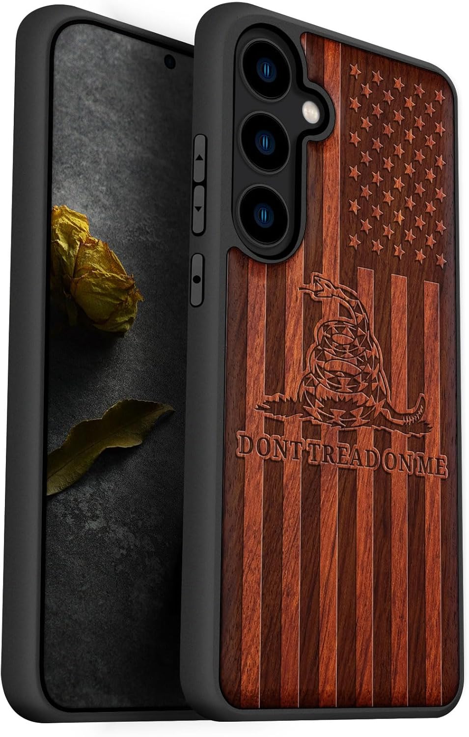 Carveit Wood Case for Galaxy S24 Case [Natural Wood & Black Soft TPU] Shockproof Protective Cover Unique Wooden Design Compatible with Samsung S24 (Gadsden and American Flag-Walnut)