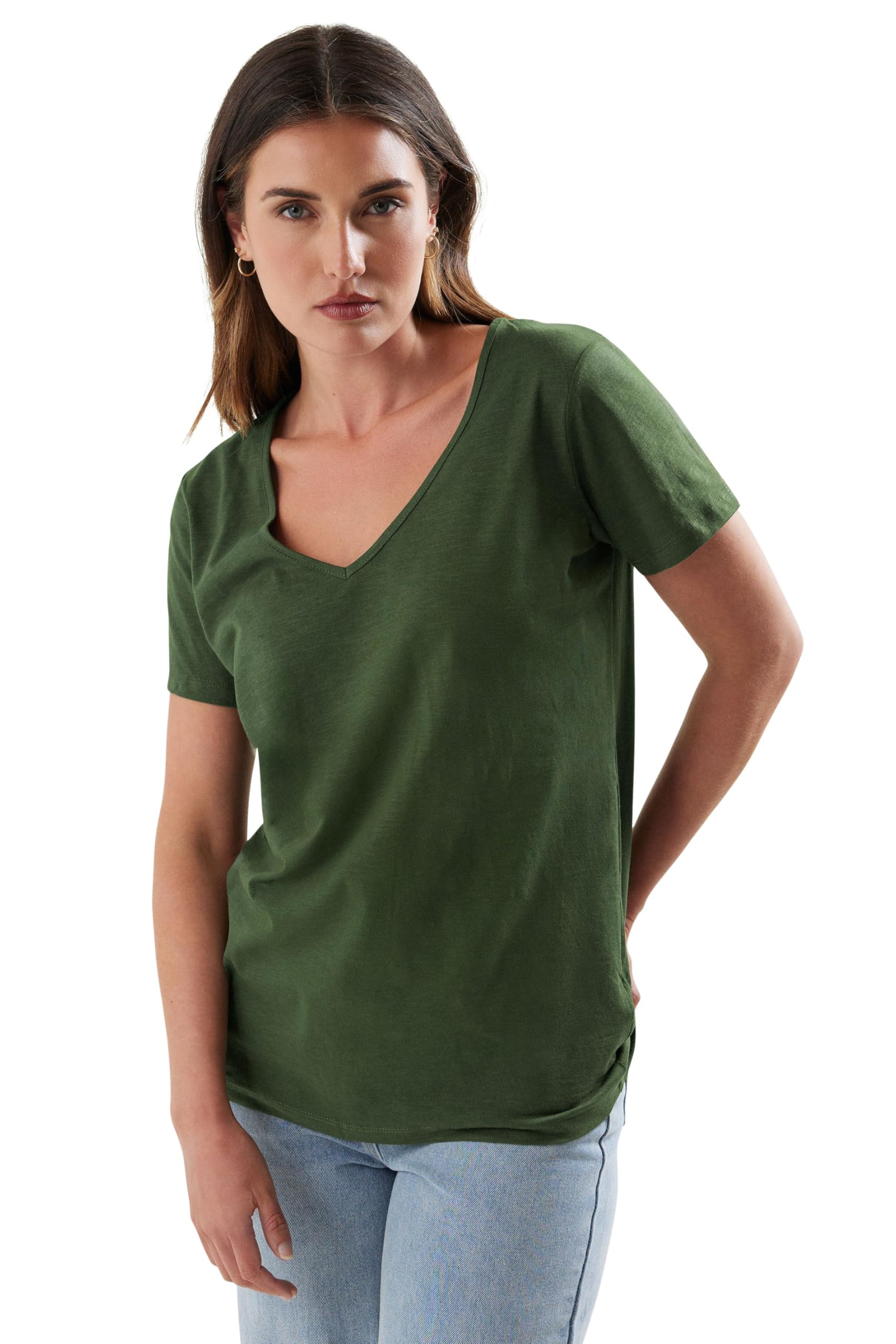 Long Tall Sally - LTS Tall Khaki V-Neck Cotton T-Shirt - Women's
