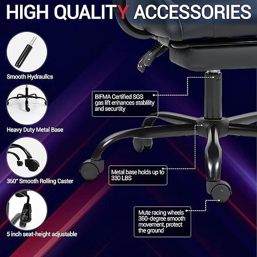 Miniatura 7 de Silla de videojuegos, silla de videojuegos con reposapiés, silla de computadora de masaje con piel sintética, soporte lumbar para hombres y mujeres,