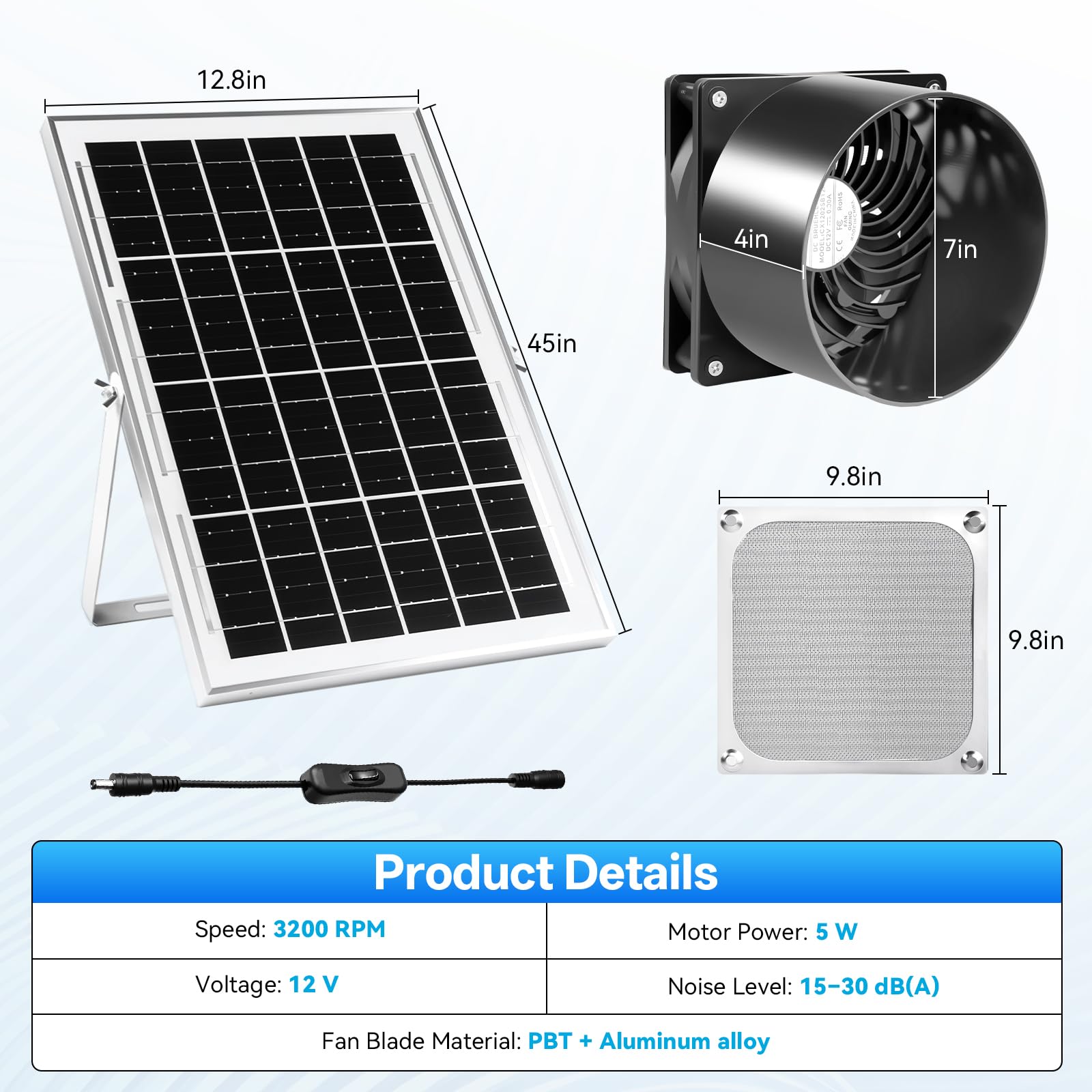 RUIZHI Solar Ventilator Solarlüfter mit Luftschlauch, Wasserdichter Solar Abluftventilator für Haustierhaus, Hühnerstall, Schuppen, Gewächshaus, Fensterabluft – Für effektive Belüftung und Zirkulation